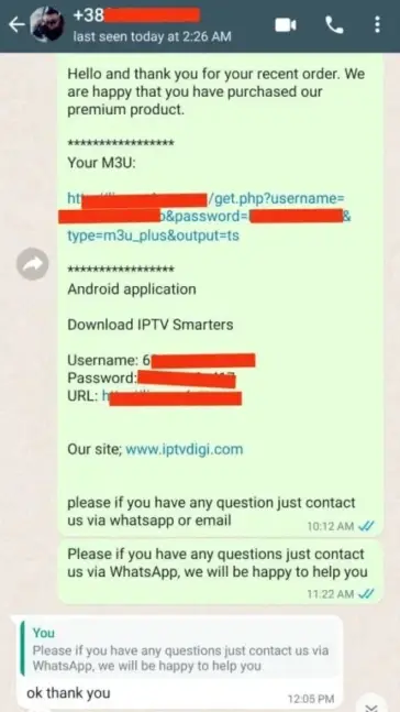WhatsApp message 4 from satisfied customer praising our IPTV Ireland service