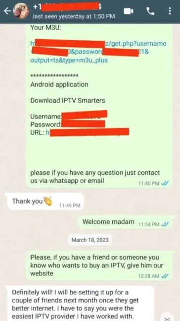 WhatsApp message 12 from satisfied customer praising our IPTV Ireland service