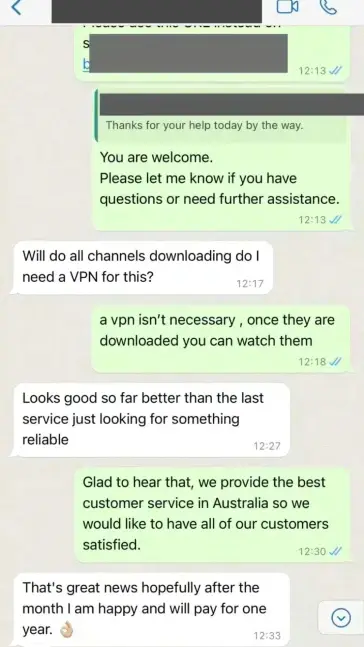WhatsApp message 11 from satisfied customer praising our IPTV Ireland service