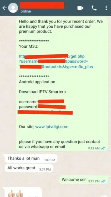 WhatsApp message 6 from satisfied customer praising our IPTV Ireland service