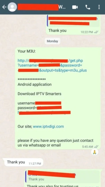 WhatsApp message 5 from satisfied customer praising our IPTV Ireland service