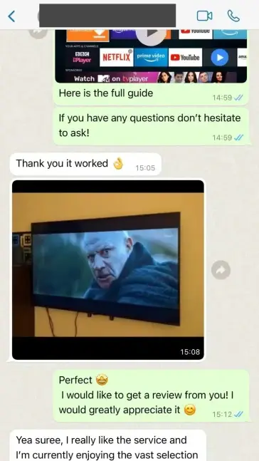 WhatsApp message 14 from satisfied customer praising our IPTV Ireland service