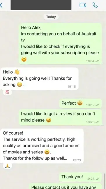 WhatsApp message 15 from satisfied customer praising our IPTV Ireland service